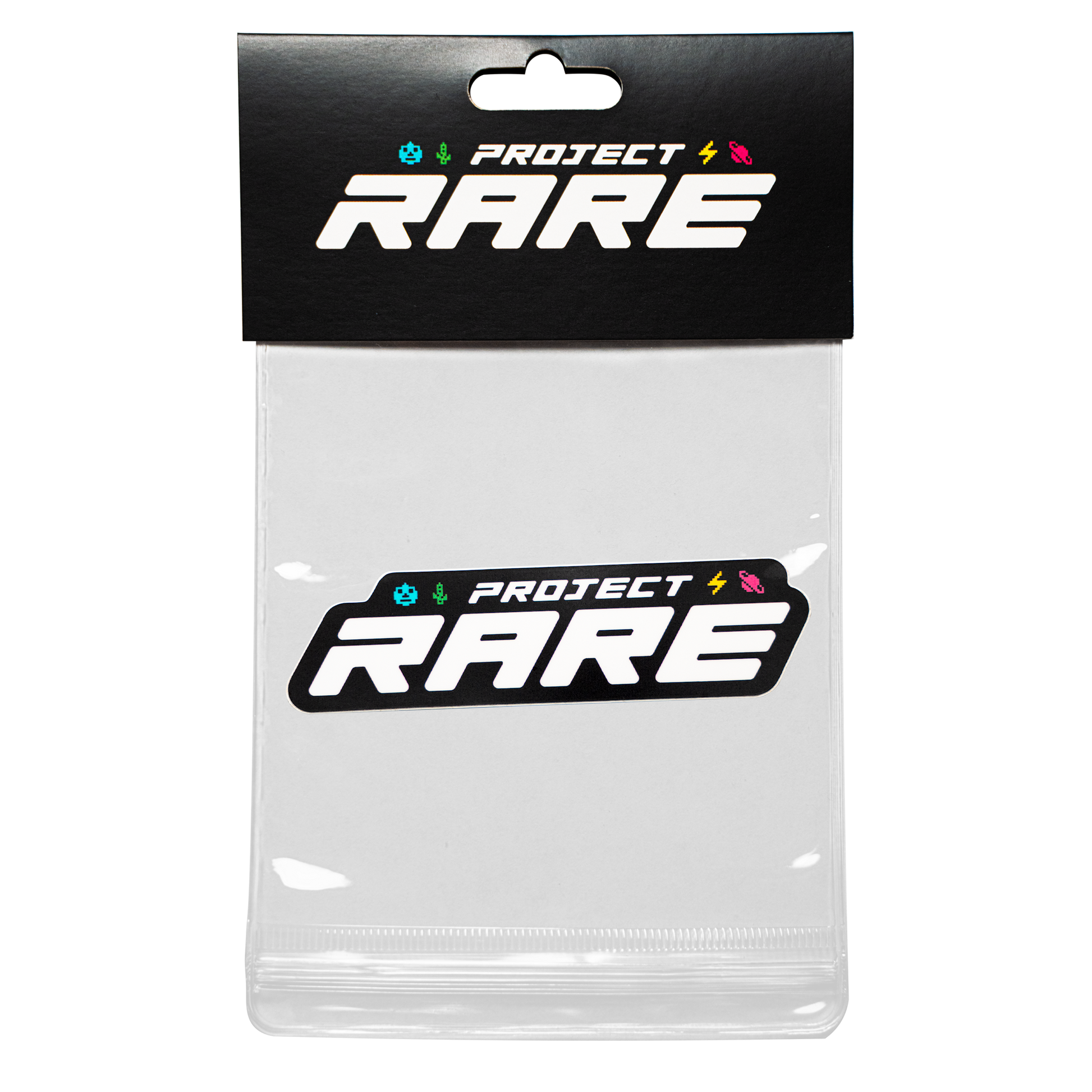Clear sticker bag packaging with 'Project Rare' logo on a white background