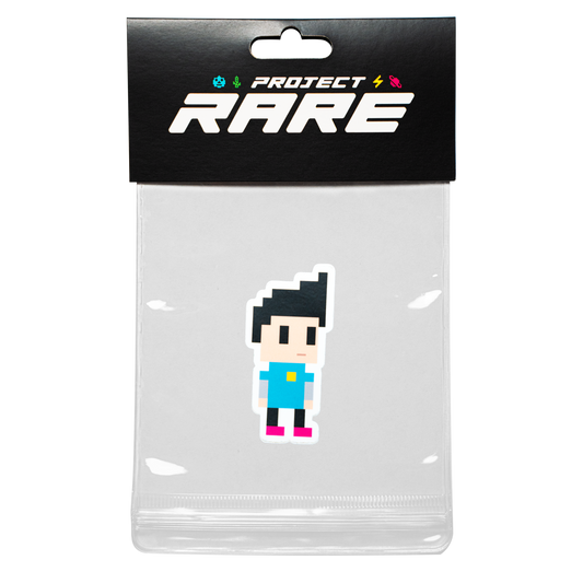 Pixel character sticker in clear packaging with 'Project Rare' branding on a white background