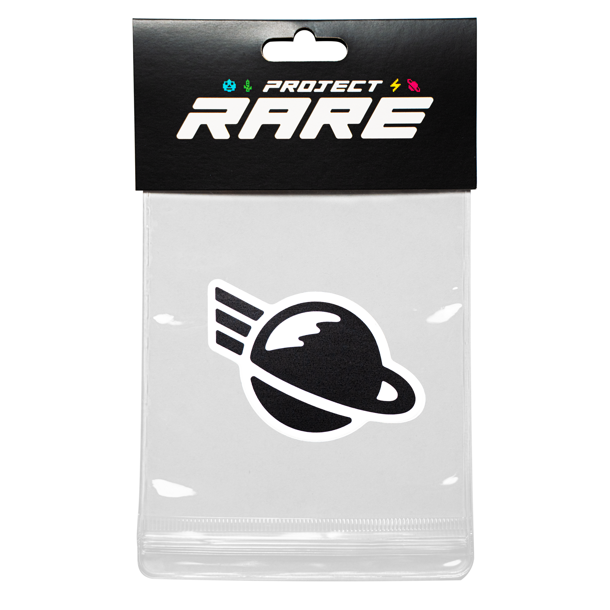 Packaged planet sticker with 'Project Rare' branding and a black and white logo.
